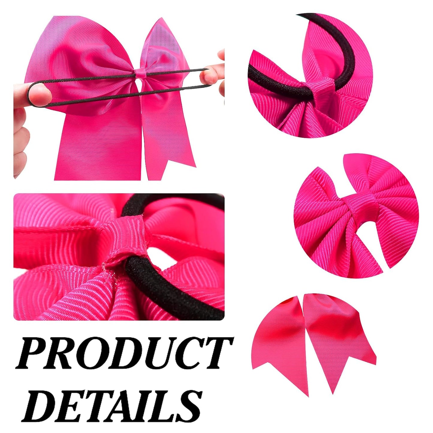 4pcs Large Cheering Bows 8 Inch Pink Cheerleading Bows with Elastics Hair Ties Bands Ponytail Holder for Cheerleader Softball Football Competition College Sport