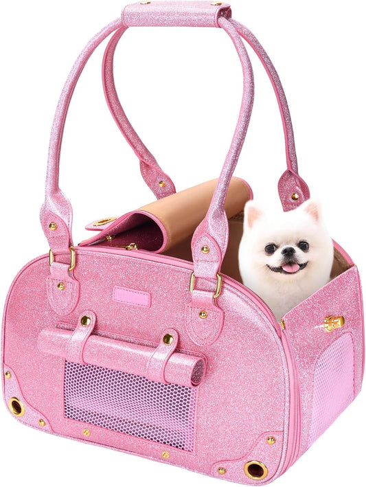 Dog Carrier Purse, Pet Carrier, Bling Waterproof Premium Leather Pet Travel Portable Bag Carrier for Cat and Small Dog Home & Outdoor Small Bling Pink