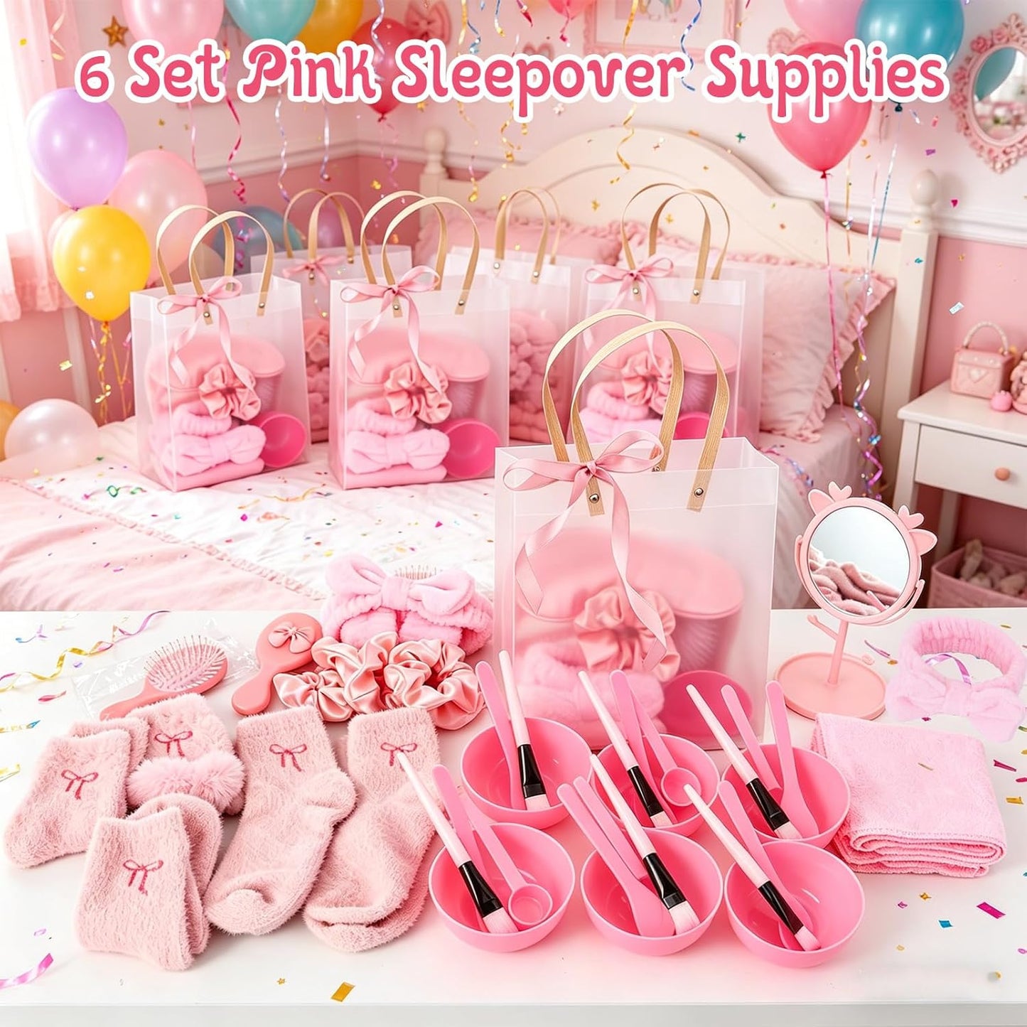 56 Pcs Pink Spa Sleepover Party Supplies Include Sleep Eye Mask Wristband Scrunchie Spa Headband with Coquette Bow Mirror Hair Comb Gift Bags for Women (Spa Party Favors（6 setd）)
