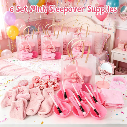 56 Pcs Pink Spa Sleepover Party Supplies Include Sleep Eye Mask Wristband Scrunchie Spa Headband with Coquette Bow Mirror Hair Comb Gift Bags for Women (Spa Party Favors（6 setd）)