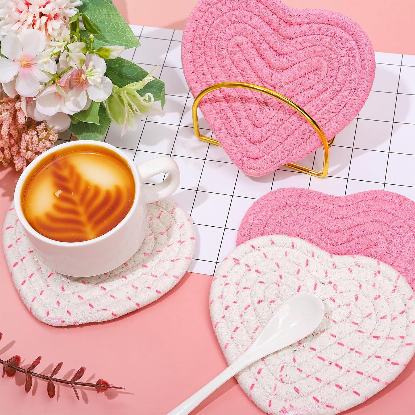 Whaline Valentine's Day Heart Coasters Pink White Love Heart Shape Handmade Braided Cotton Drink Coasters Absorbent Cup Mats for Mother's Day Wedding Birthday Party Decor Housewarming Gifts, 4Pcs