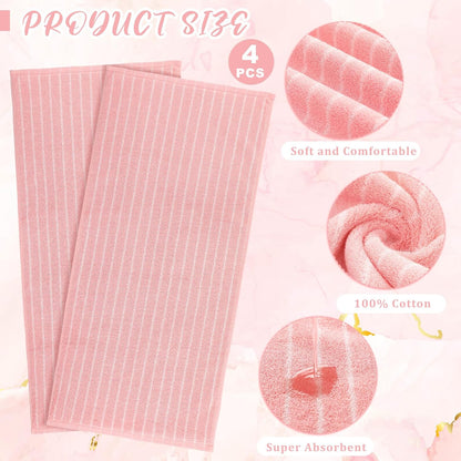 Mindsoft 4pcs Pink Hand Towels for Bathroom Striped 14 x 29 Inch Hand Towels 100% Cotton Soft Absorbent Bath Decorative for Bathroom Kitchen Spa Workout Festival Gift