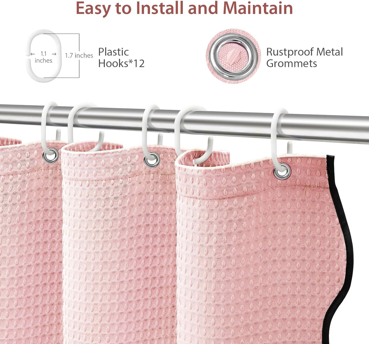 Dynamene Pink Scalloped Shower Curtain, Cute Black Scalloped Edge, Heavy Duty Waffle Fabric 256GSM, Modern Hotel Luxury Boho Farmhouse Shower Curtains for Bathroom, 12 Plastic Hooks, 72x72, Pink