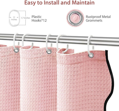 Dynamene Pink Scalloped Shower Curtain, Cute Black Scalloped Edge, Heavy Duty Waffle Fabric 256GSM, Modern Hotel Luxury Boho Farmhouse Shower Curtains for Bathroom, 12 Plastic Hooks, 72x72, Pink