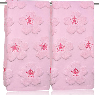 2pcs Cherry Blossom hand towels for bathroom Decorative Towels Set 100% Cotton Pink Jacquard Spring summer floral bath towels dish kitchen towels kitchen Bathroom Decor Gift(cherry blossom Pink)
