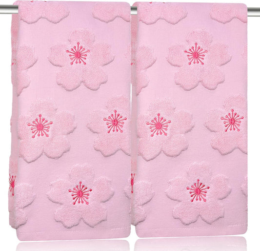 2pcs Cherry Blossom hand towels for bathroom Decorative Towels Set 100% Cotton Pink Jacquard Spring summer floral bath towels dish kitchen towels kitchen Bathroom Decor Gift(cherry blossom Pink)