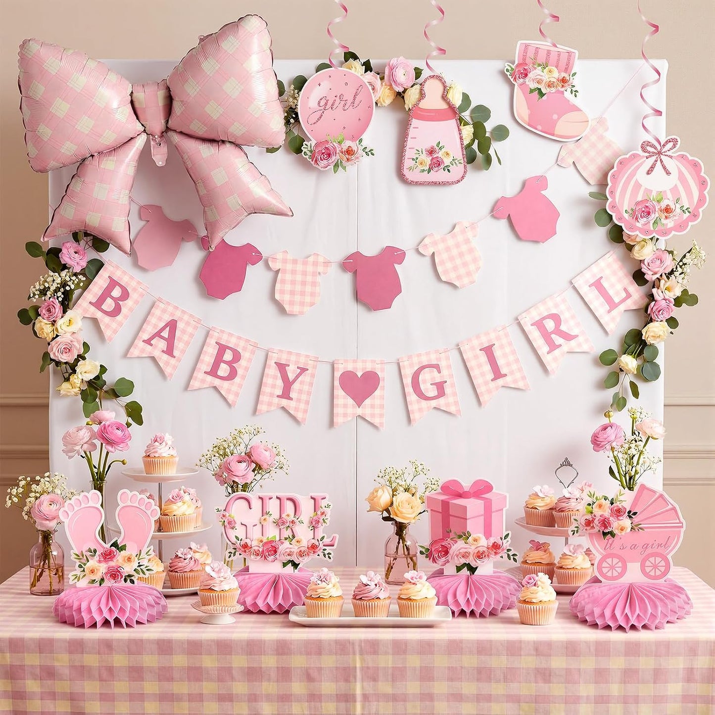 Mindsoft 14 Pcs Pink Girl Baby Shower Decorations Set with Gingham Garland Banner Honeycomb Centerpiece Hanging Swirls Pink Plaid Bowknot Foil Balloons for Birthday Baby Shower Reveal Party Supplies