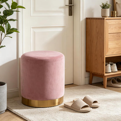 LSSBOUGHT Round Velvet Ottoman, 16" H Footrest Stool with Gold Metal Base, Modern Upholstered Vanity Stool for Living Room, Bedroom, Entryway (Pink, Set of 1)