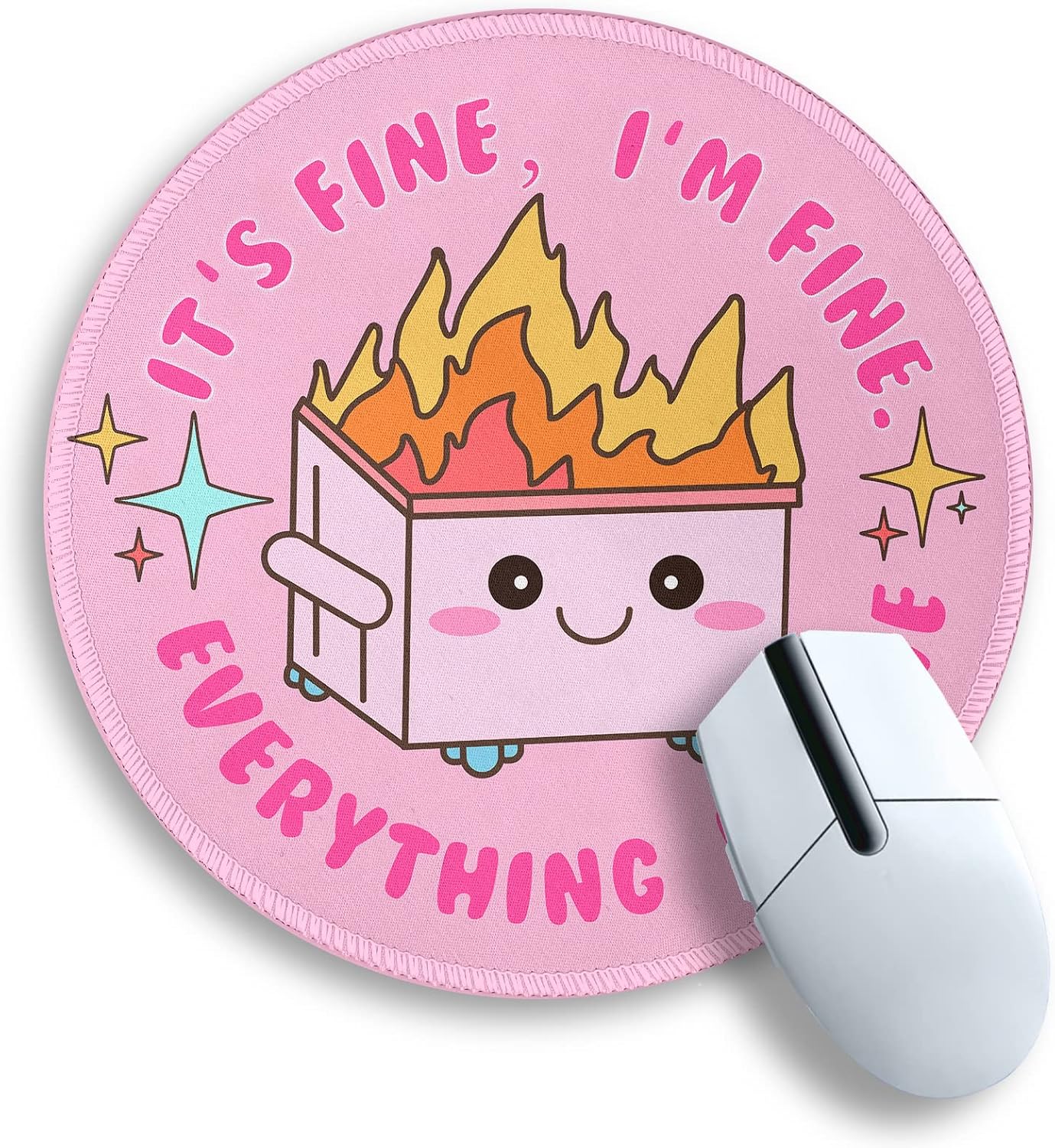 Pink Round Mouse Pad for Desk, Cute Office Decor for Women, Dumpster on Fire Small Mousepad，Stitched Edge Non-Slip Rubber Base, Personalized Computer Mouse Pads for Wireless Mouse，Desk Accessories