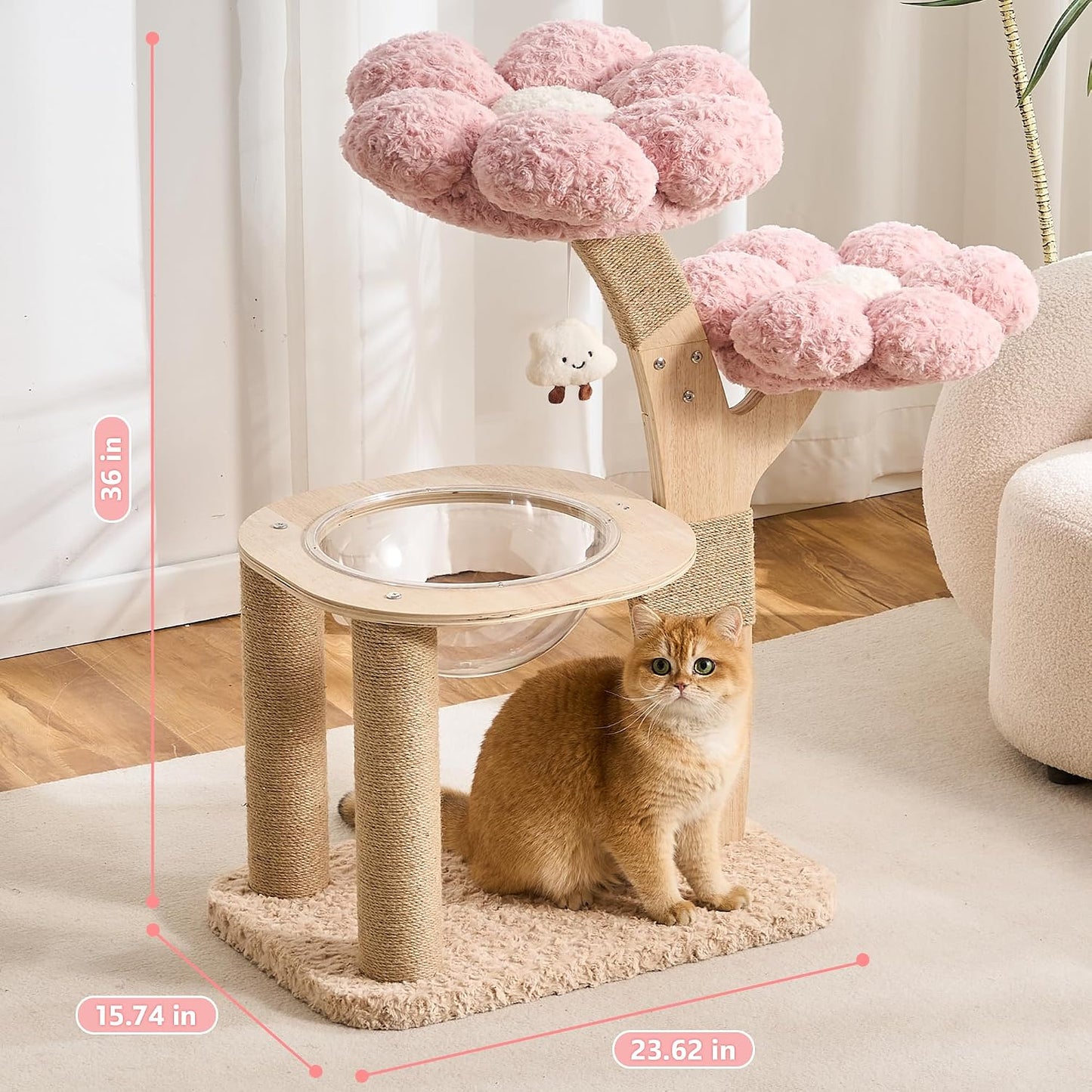 HITTITE Flower Cat Tree with Scratching Post, 36 Inches Cute Cat Tower with Wooden Branch Design, Modern Cat Climbing Tower with Flower Perches and Space Capsule for Indoor Cats Large Adult. Pink