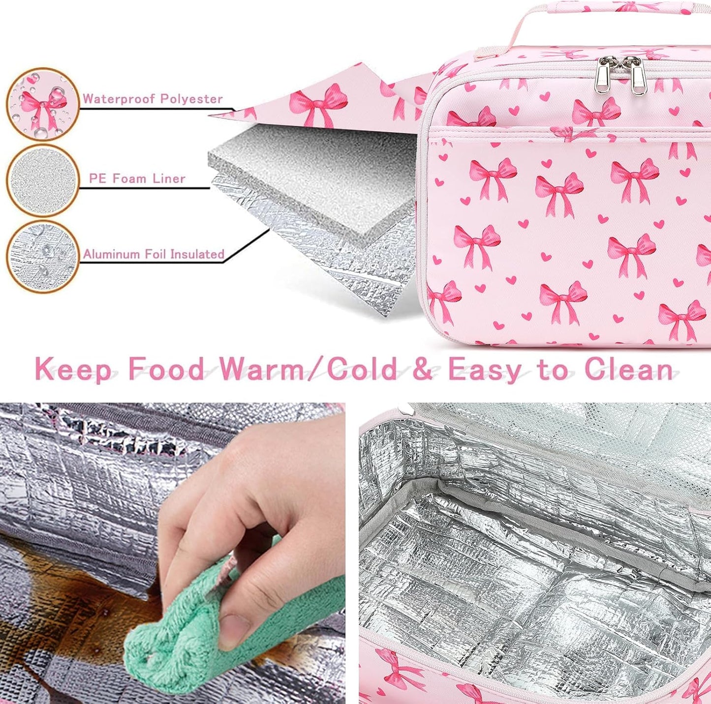 LOIDOU Lunch Box for Kids Boys Girls Insulated Lunch Bag Thermal Meal Tote Reusable Lunch Pail Bags for School Travel (Bow Tie Pink)