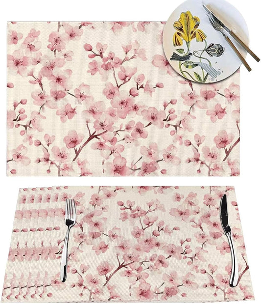Cherry Blossoms Placemats Set of 4 Watercolor Floral Branches Place Mats Elegant Pink Flowers Rectangle Table Mat Washable Placemat for Party Kitchen Dining Indoor Outdoor Decor 12x18 Inch
