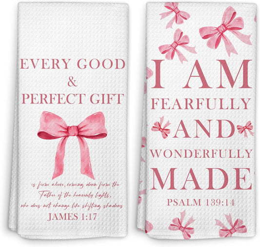 Pink Christian Kitchen Towels Set of 2, Coquette Pink Bow Bible Verse Decorative Hand Towel for Girly Bathroom Decor, Christian Gifts for Women Dish Tea Towels for Kitchen Decor 16x24 Inch