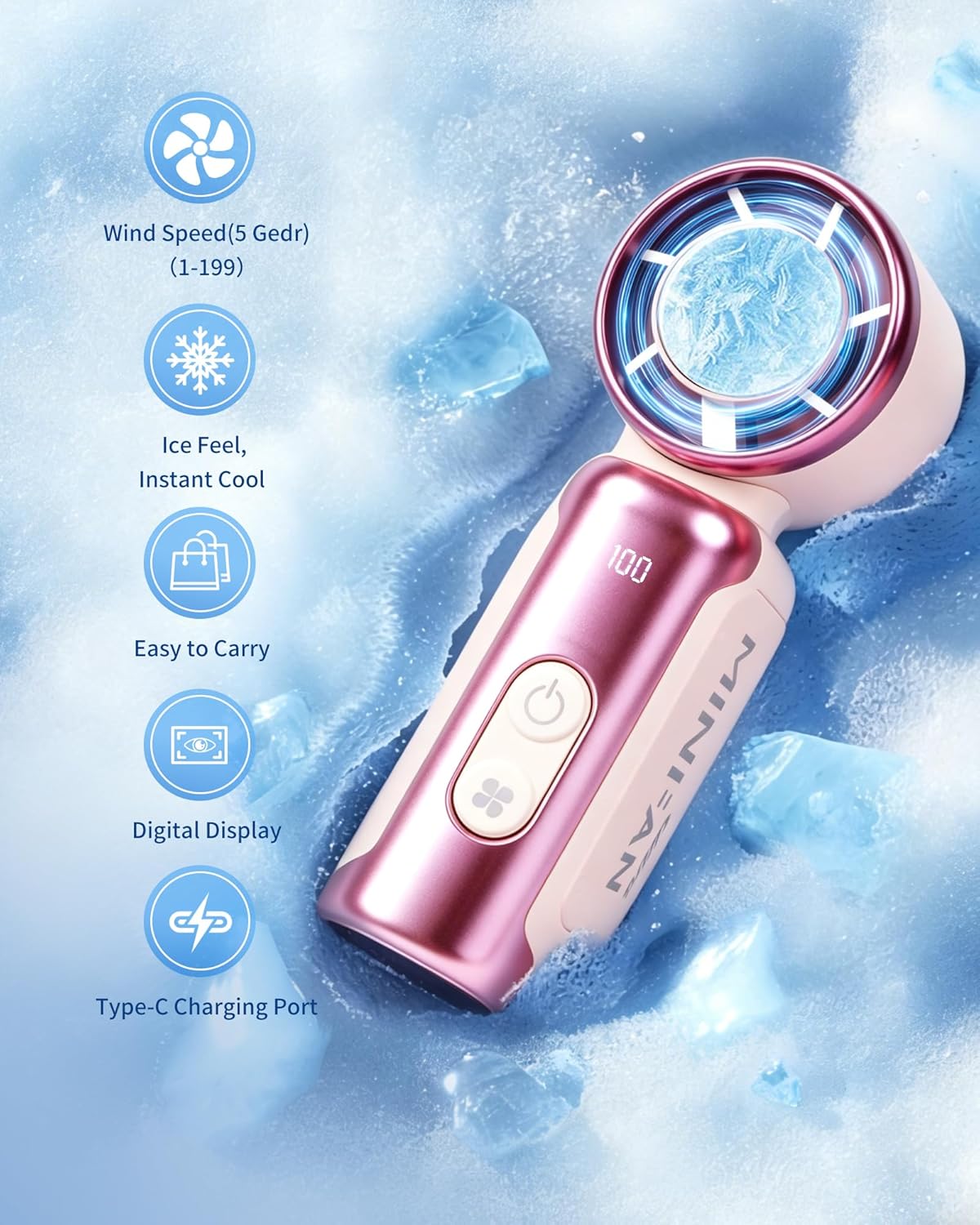 Portable Handheld Mini Fan with Ice Cooler, Speed (1-199), with LED Display, USB Rechargeable Personal Fan Small Pocket Fans for Travel/Outdoor/Home/Office (PINK)