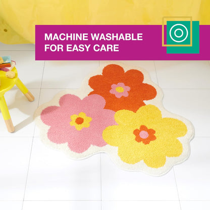 TOWN & COUNTRY PLAY Blossom Retro Daisy Flower Shaped Bath Mat, Absorbent Tufted Floor Mat, Non-Slip Backing, Machine Washable, Pink/Orange/Yellow, 31.5"x31.5"