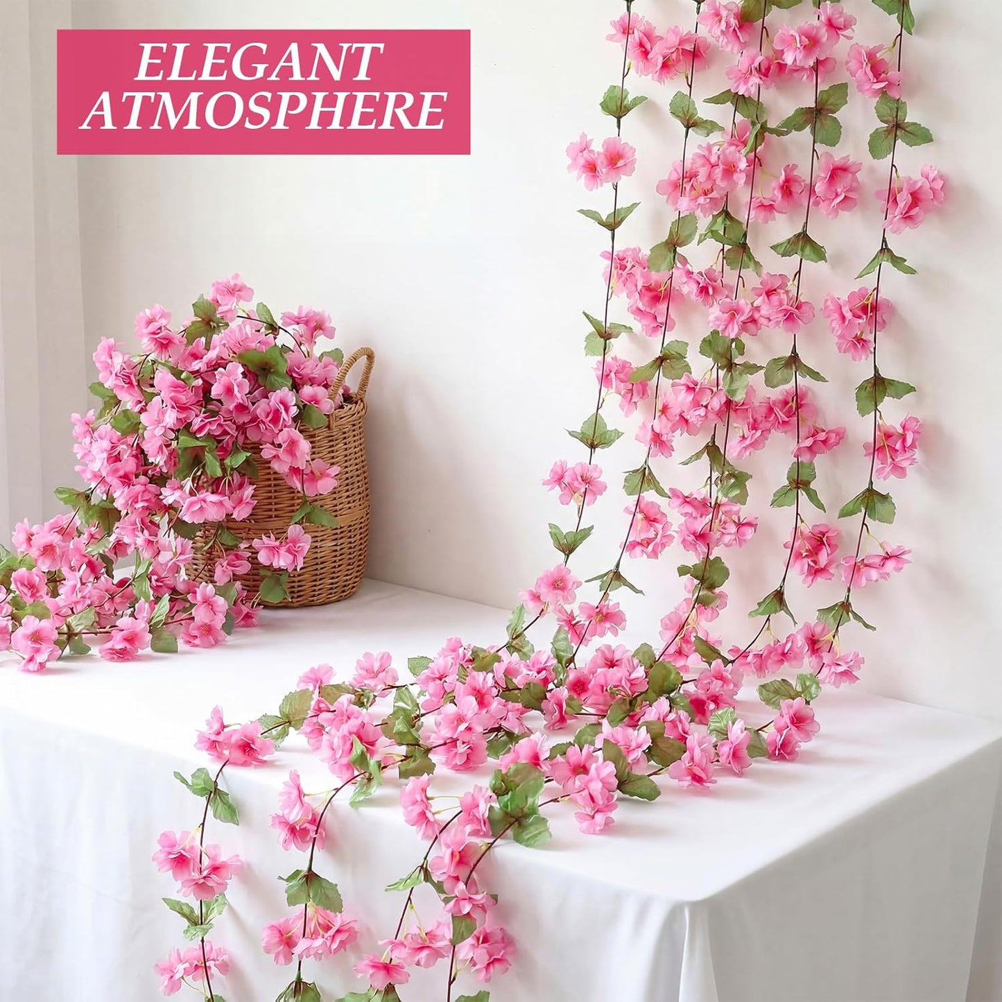 Nuenen 12 Pcs 92.5 FT Artificial Cherry Blossom Flower Vines Bulk Faux Cherry Hanging Garland Pink Flower Vines Silk Flowers Garland with Green Leaves for Party Decor (Rose Red)