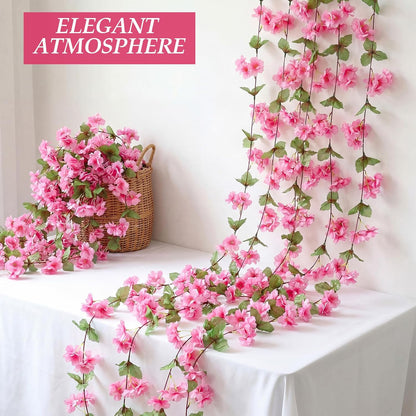 Nuenen 12 Pcs 92.5 FT Artificial Cherry Blossom Flower Vines Bulk Faux Cherry Hanging Garland Pink Flower Vines Silk Flowers Garland with Green Leaves for Party Decor (Rose Red)