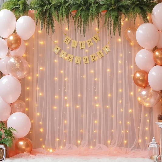10x10ft Peach Tulle Backdrop Curtain with Lights String for Parites, Sheer Photo Backdrop Curtains for Wedding Baby Shower Birthday Party Photo Shoot Background Decorations