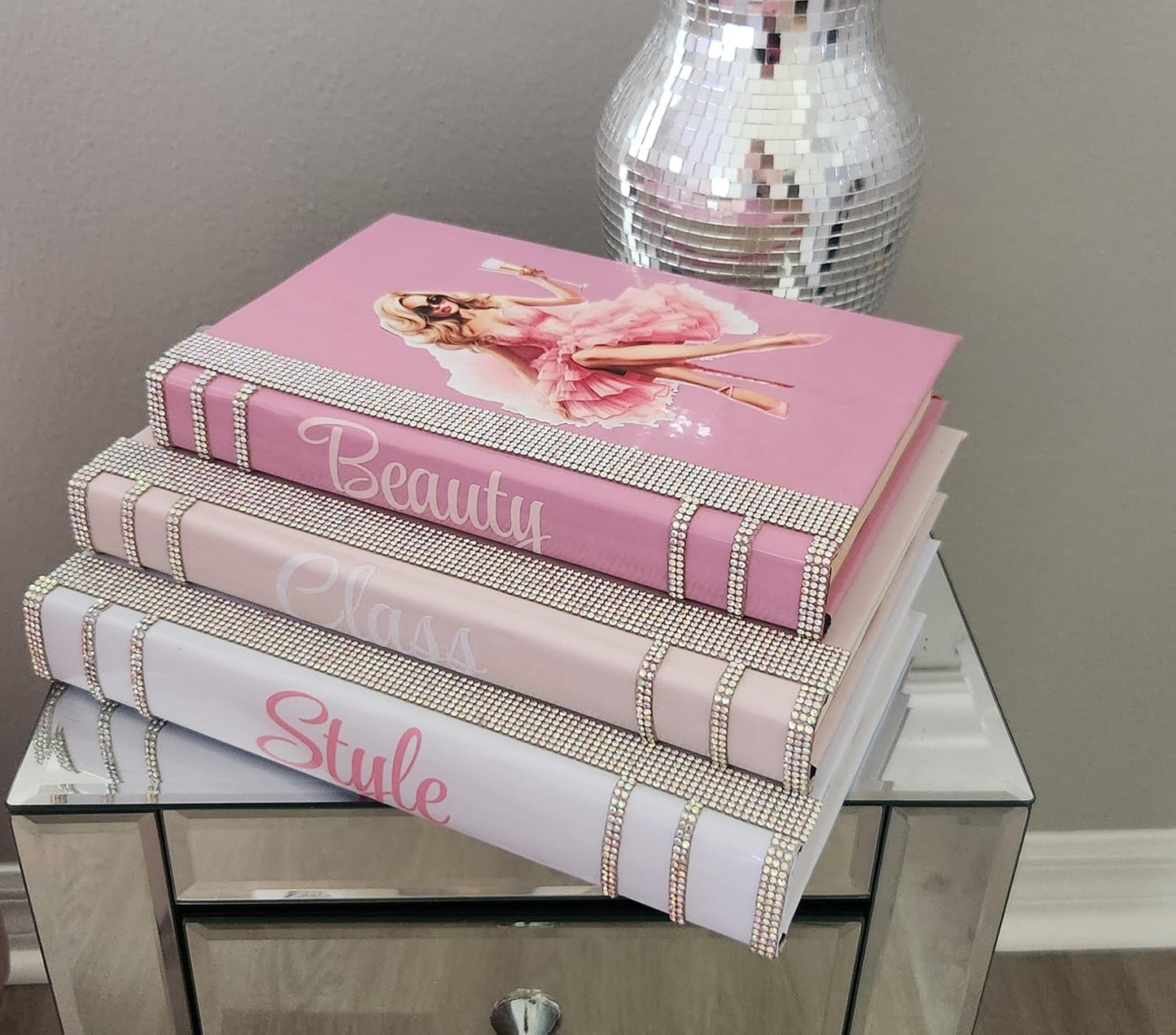 Coffee Table Book Stack (Set of 3). Glam Book Stack. Light Pink, Pink & White Books. Makeup Room Decor