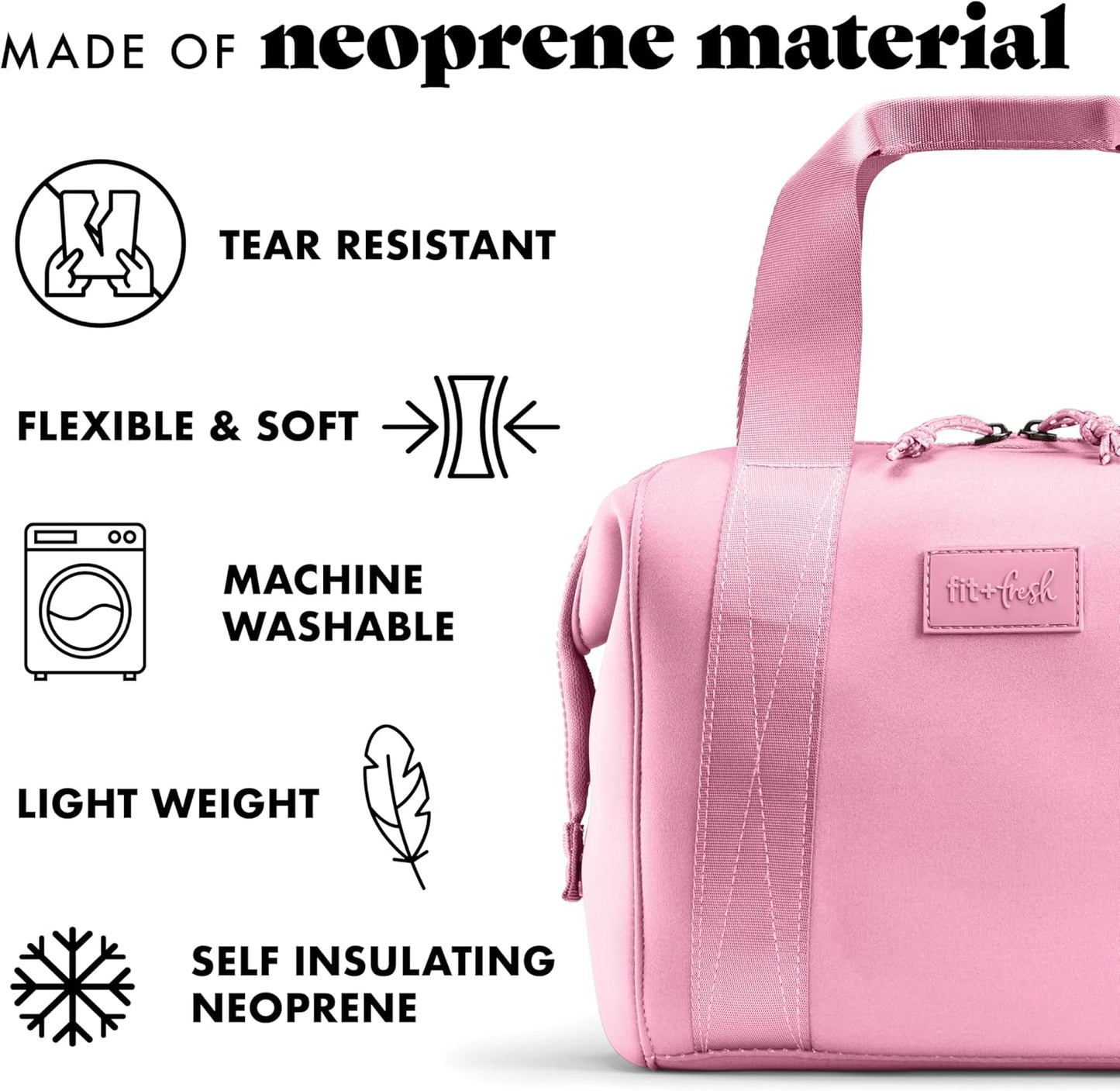 Fit & Fresh Remi Lunch Bag for Women Work – Neoprene Lunch Tote with Containers & Ice Pack, Reusable Meal Prep Lunch Box, Large Capacity, Machine Washable, Pink