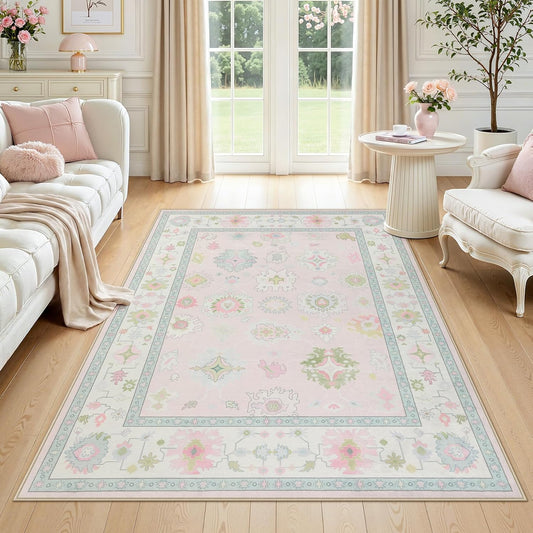 Tribesigns Boho Oushak 5x7 Washable Area Rug for Girls Bedroom, Soft Pastel Pink Nursery Rug Living Room, Oriental Floral Non-Slip Ultra Thin Indoor Carpet for Dorm Kids Playroom