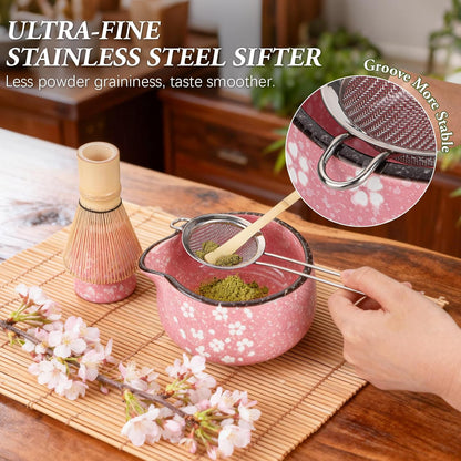 Matcha Whisk Set, 7 PCS Ceramic Matcha Sets with Bowl, Bamboo Whisk and Holder, Towel, Sifter, Bamboo Scoop, Scoop Rest, Gifts for Tea Lovers, Birthdays New Year Gifts for Women Mom