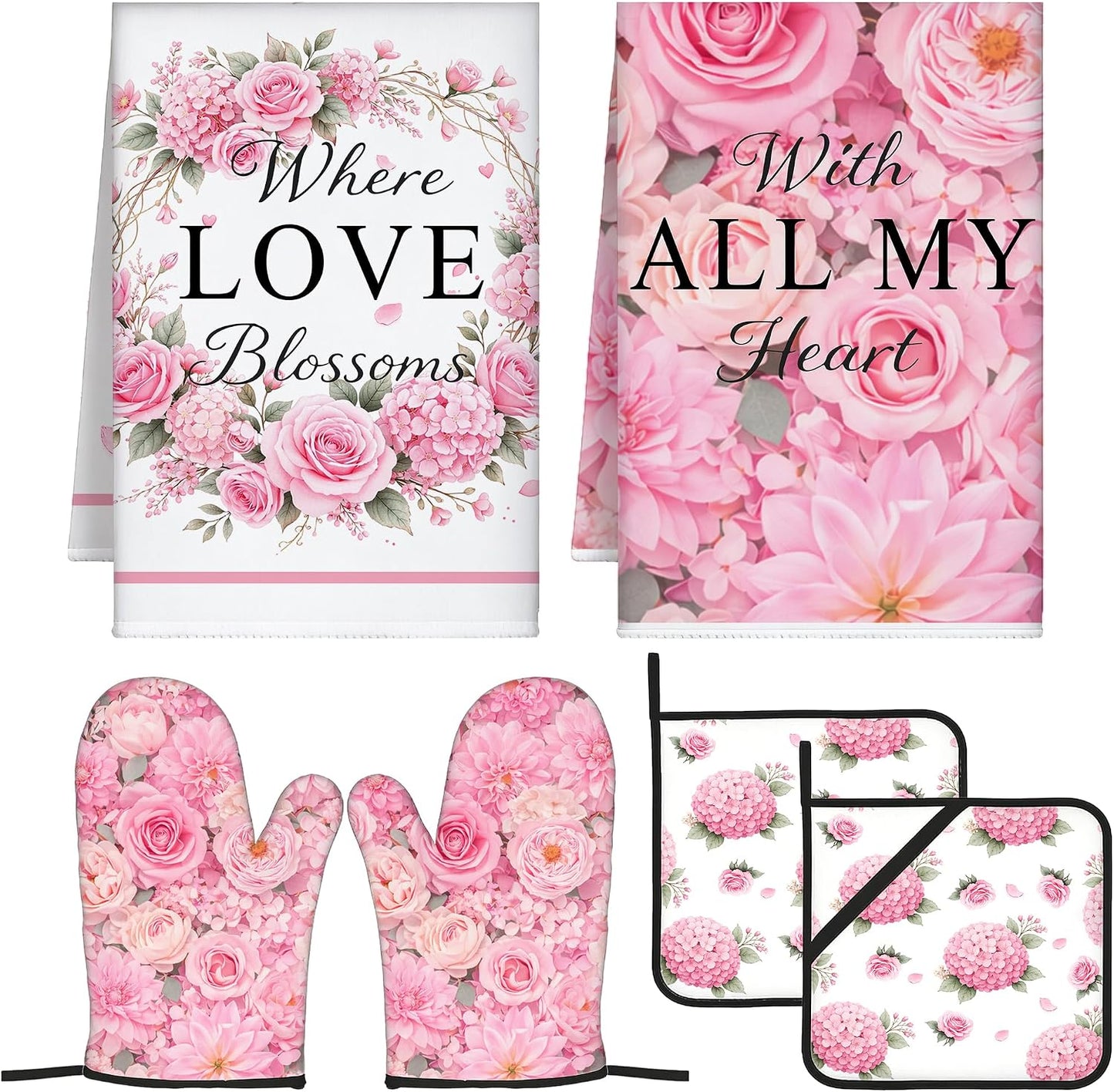 Pink Floral Kitchen Towel and Oven Mitt Set, 6 Piece Rose Floral Farmhouse Kitchen Accessories, Waterproof Heat Resistant Decor for Women