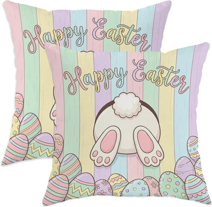 Bunny Throw Pillow Covers Set of 2, Spring Playful Easter Eggs Wooden Stripes Easter Pastel Peach with Hidden Zipper Pattern Pillow Covers for Living Room Bedroom Loft Office Car Decor 14x14 Inch