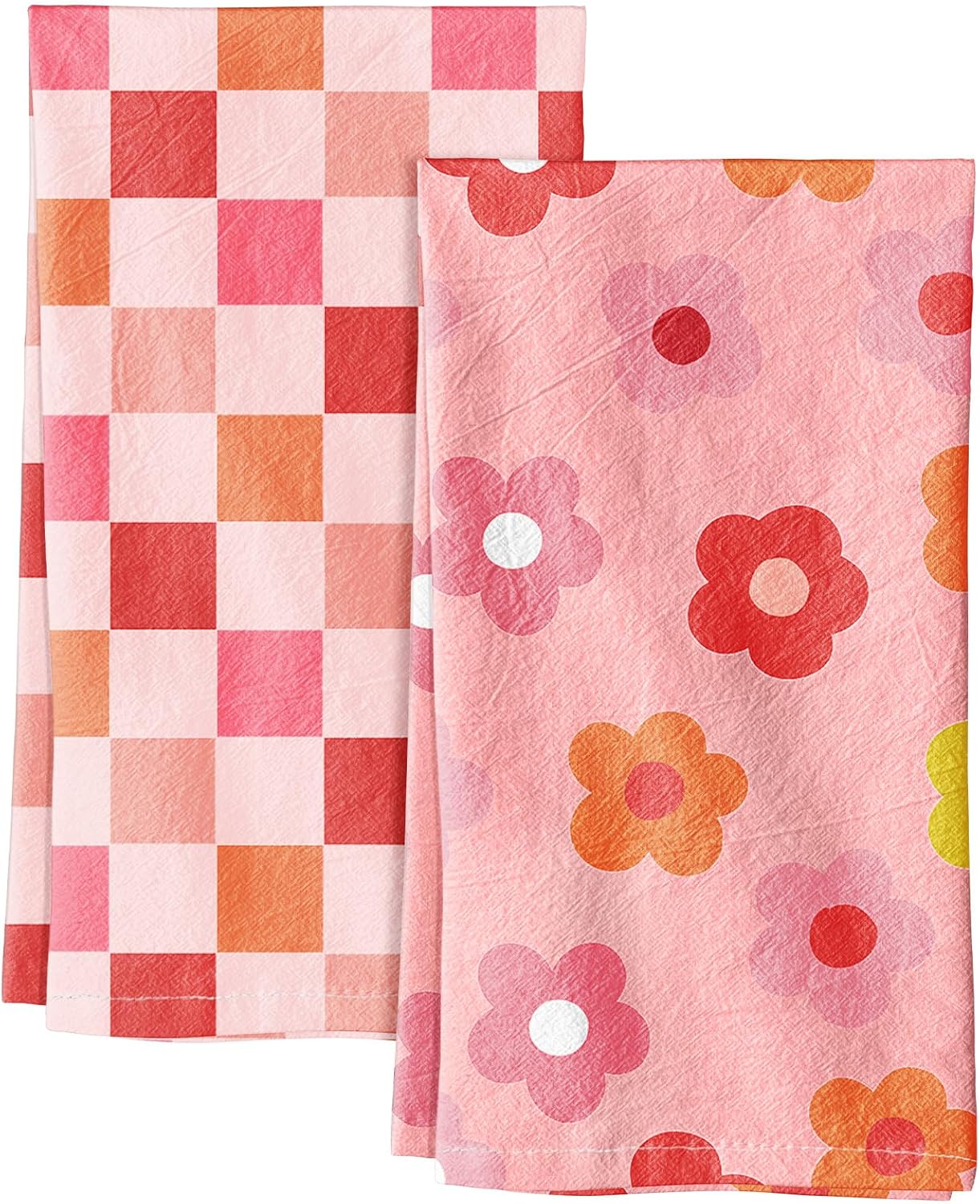Miss Adola 2 Pack Flour Sack Kitchen Towels - 16x26 Inch Cotton Dish Towels with Hanging Loop Reusable Geometric Boho Modern Retro Tea Towel Absorbent Dishcloths Home Decor, PK Checkered Flower