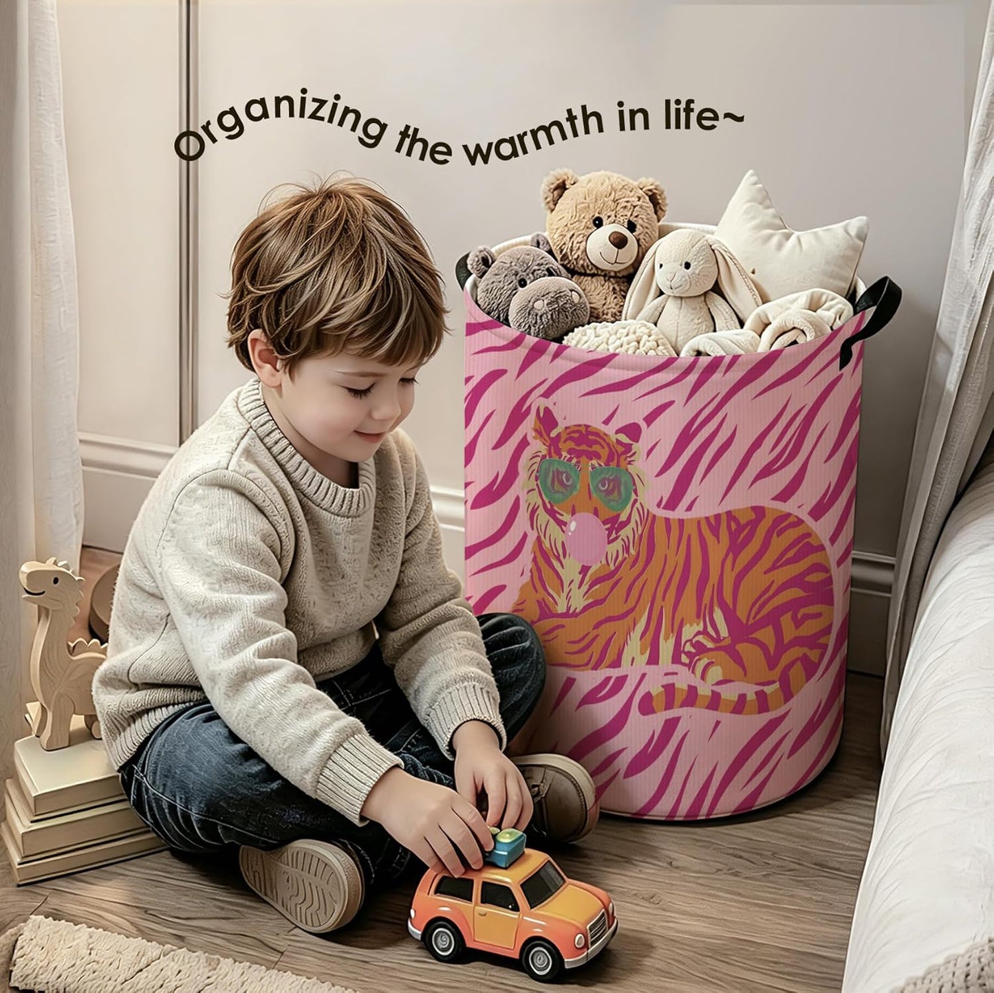 Trendy Pink and Orange Tiger Laundry Basket with Handles, Preppy Tiger with Sunglasses Laundry Hamper Waterproof Collapsible Clothes Toys Storage Organizer for Girls Dorm Bedroom Bathroom