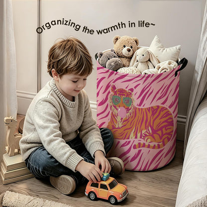 Trendy Pink and Orange Tiger Laundry Basket with Handles, Preppy Tiger with Sunglasses Laundry Hamper Waterproof Collapsible Clothes Toys Storage Organizer for Girls Dorm Bedroom Bathroom