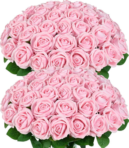 50 Pcs Pink Roses Artificial Flowers, Real Touch Velvet Roses Bouquet Fake Flowers Bulk, Artificial Roses with Long Stems for Birthday Gift Women Mom DIY Bridal Wedding Centerpiece Decorations