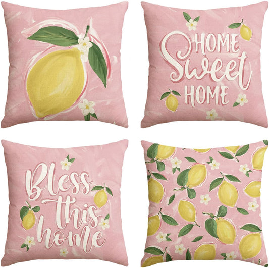 AVOIN colorlife Summer Bless This Home Sweet Home Throw Pillow Covers, 18 x 18 Inch Pink Lemon Floral Holiday Seasonal Cushion Case Decorations Set of 4