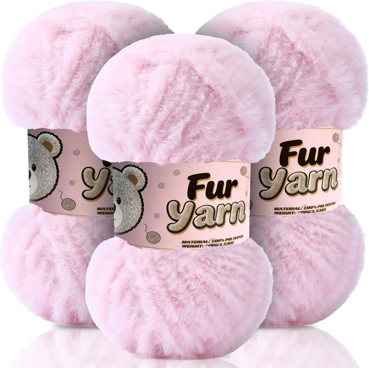 3 Skeins Faux Fur Yarn Soft Fluffy for Crocheting - Chunky Fuzzy Yarn for Crochet Amigurumi, Blankets, Scarves and Sweaters - Each 3.5 oz/100 g, 75 yds/65 m (3, Light Pink)