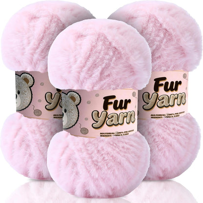 3 Skeins Faux Fur Yarn Soft Fluffy for Crocheting - Chunky Fuzzy Yarn for Crochet Amigurumi, Blankets, Scarves and Sweaters - Each 3.5 oz/100 g, 75 yds/65 m (3, Light Pink)