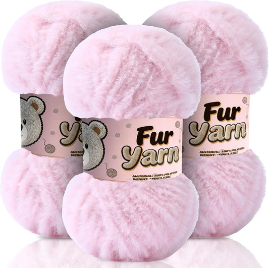 3 Skeins Faux Fur Yarn Soft Fluffy for Crocheting - Chunky Fuzzy Yarn for Crochet Amigurumi, Blankets, Scarves and Sweaters - Each 3.5 oz/100 g, 75 yds/65 m (3, Light Pink)