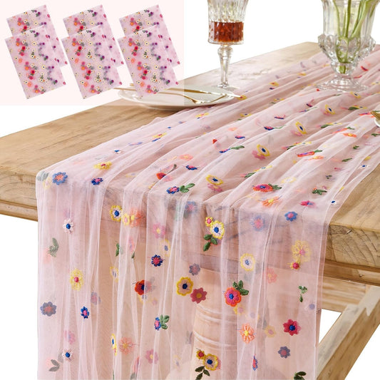 6PCS Pink Floral Table Runner 10 FT, Embroidery Daisy Table Runners Seasonal Spring Summer Sheer Tulle Dining Table Decor for Home Party Birthday Decor 29x120 Inch