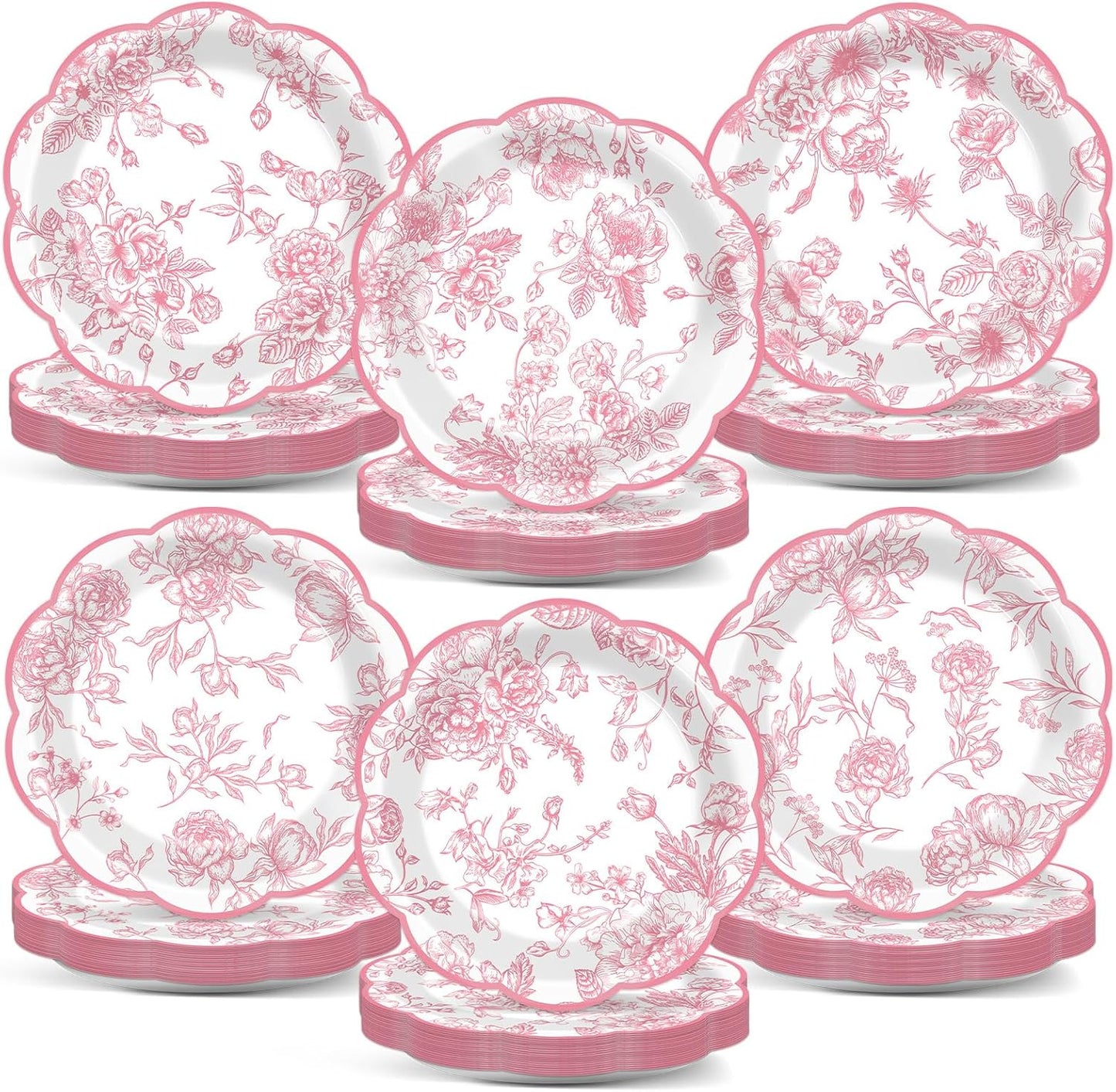 Wiooffen 80Pcs Pink Floral Paper Plates 7 Inches Floral Leaf Party Disposable Dessert Cake Plates Flower Tableware Decoration Supplies for Girl Tea Baby Shower Bridal Shower Garden Party Wedding