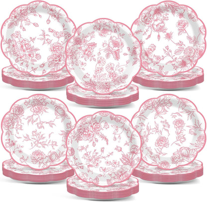 Wiooffen 80Pcs Pink Floral Paper Plates 7 Inches Floral Leaf Party Disposable Dessert Cake Plates Flower Tableware Decoration Supplies for Girl Tea Baby Shower Bridal Shower Garden Party Wedding