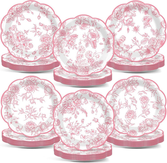 Wiooffen 80Pcs Pink Floral Paper Plates 7 Inches Floral Leaf Party Disposable Dessert Cake Plates Flower Tableware Decoration Supplies for Girl Tea Baby Shower Bridal Shower Garden Party Wedding
