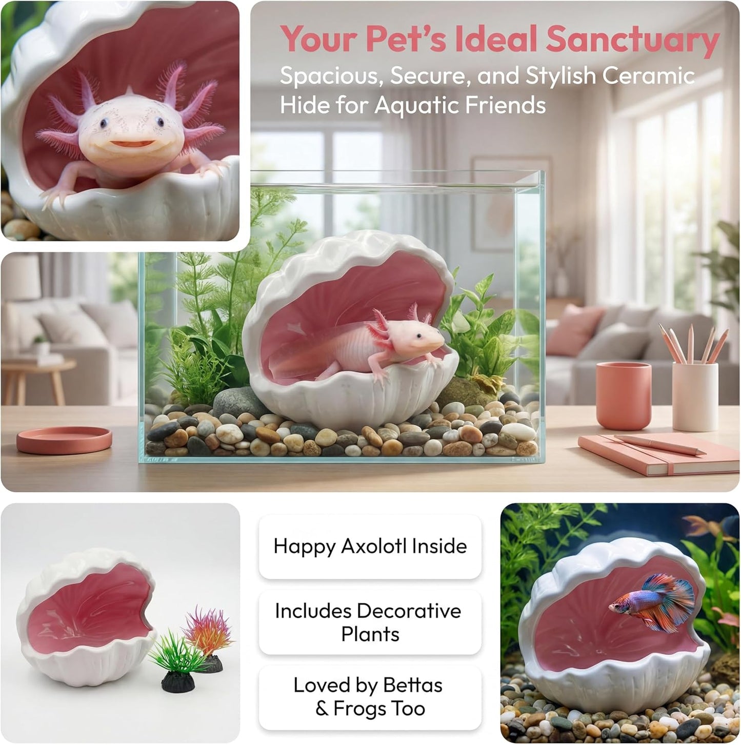 Axolotl Tank Accessories - Extra Large Ceramic Fish Tank Cave with 2PCS Artificial Plants, Double Sided Glaze Shell Shape Hideout, Aquarium Hides Cave Decor Shelter for Betta, Pet Frog, Fish(Pink)