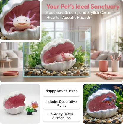Axolotl Tank Accessories - Extra Large Ceramic Fish Tank Cave with 2PCS Artificial Plants, Double Sided Glaze Shell Shape Hideout, Aquarium Hides Cave Decor Shelter for Betta, Pet Frog, Fish(Pink)