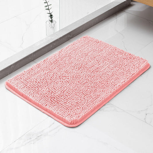 Pink Bathroom Rugs 17"x24" - Plush Chenille Non-Slip Bath Mat - Absorbent, Washable, Soft and Thick Decor for Shower, Sink, Kitchen, Tub, Home Accessories