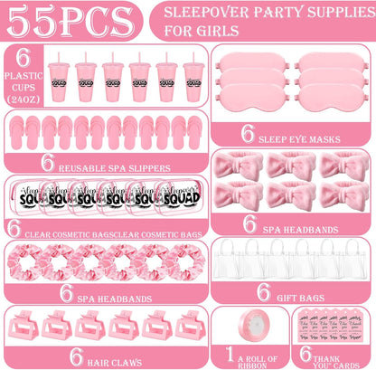 6 Sets/55 Pcs Sleepover Party Supplies Slumber Spa Parties Kit for Pink Sleepover Girls Birthday Party Favor Cup Headband Slipper Eye Mask Scrunchies Hair Claw Bag Cosmetic Bag Card for Girl