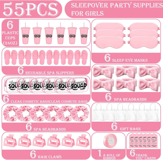 6 Sets/55 Pcs Sleepover Party Supplies Slumber Spa Parties Kit for Pink Sleepover Girls Birthday Party Favor Cup Headband Slipper Eye Mask Scrunchies Hair Claw Bag Cosmetic Bag Card for Girl