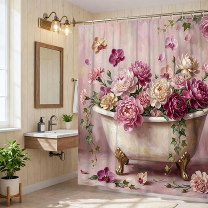 Peony Shower Curtain, Floral Romantic Orchid Ivy Spring Peach Waterproof Fabric Toile Cloth Shower Curtains for Home Bathroom Toile Hotel Decor 72x78 Inch
