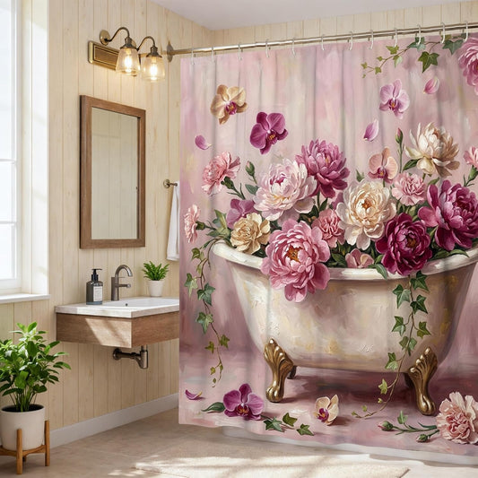 Peony Shower Curtain, Floral Romantic Orchid Ivy Spring Peach Waterproof Fabric Toile Cloth Shower Curtains for Home Bathroom Toile Hotel Decor 72x78 Inch