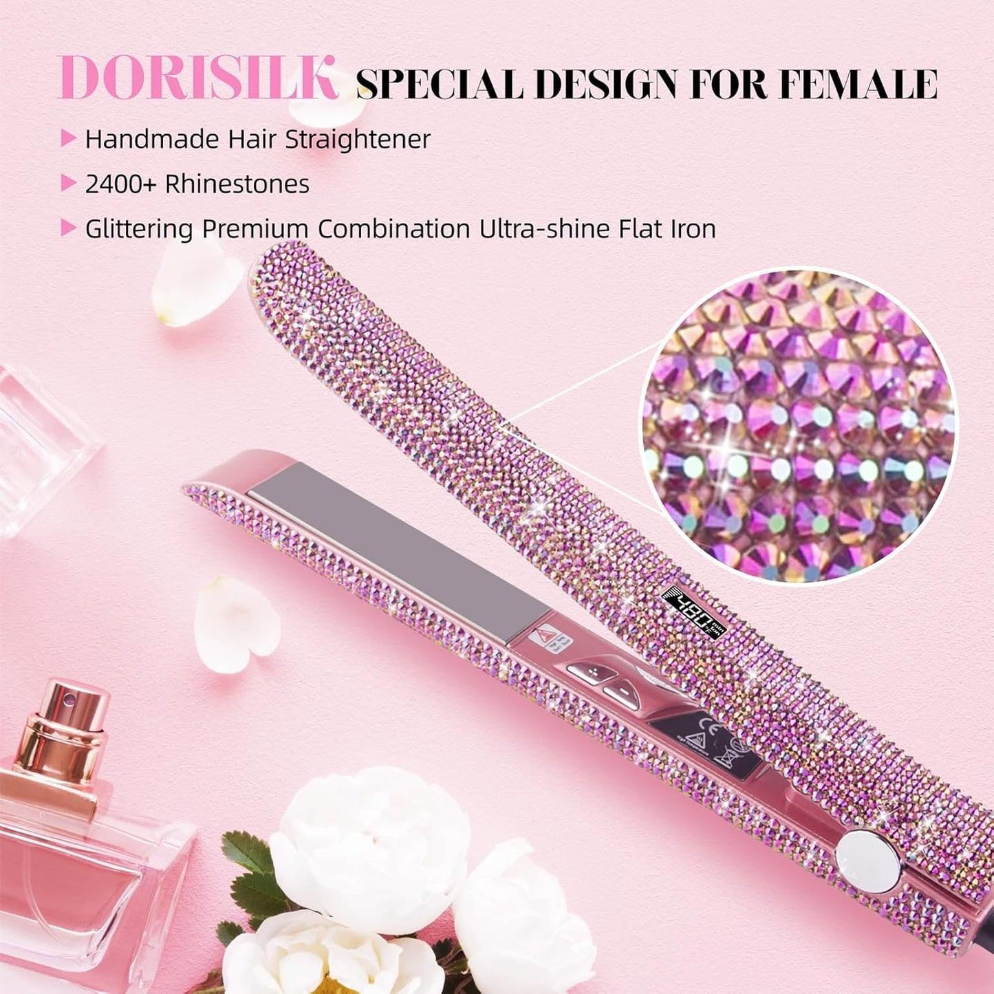 DORISILK 480°F High Temp Hair Straightener and Curler, Titanium Flat Iron Rhinestone Straightening Iron, 2 in 1 Straightening Curling 1“ Salon Professional Dual Voltage Crystal Bling Rose Pink