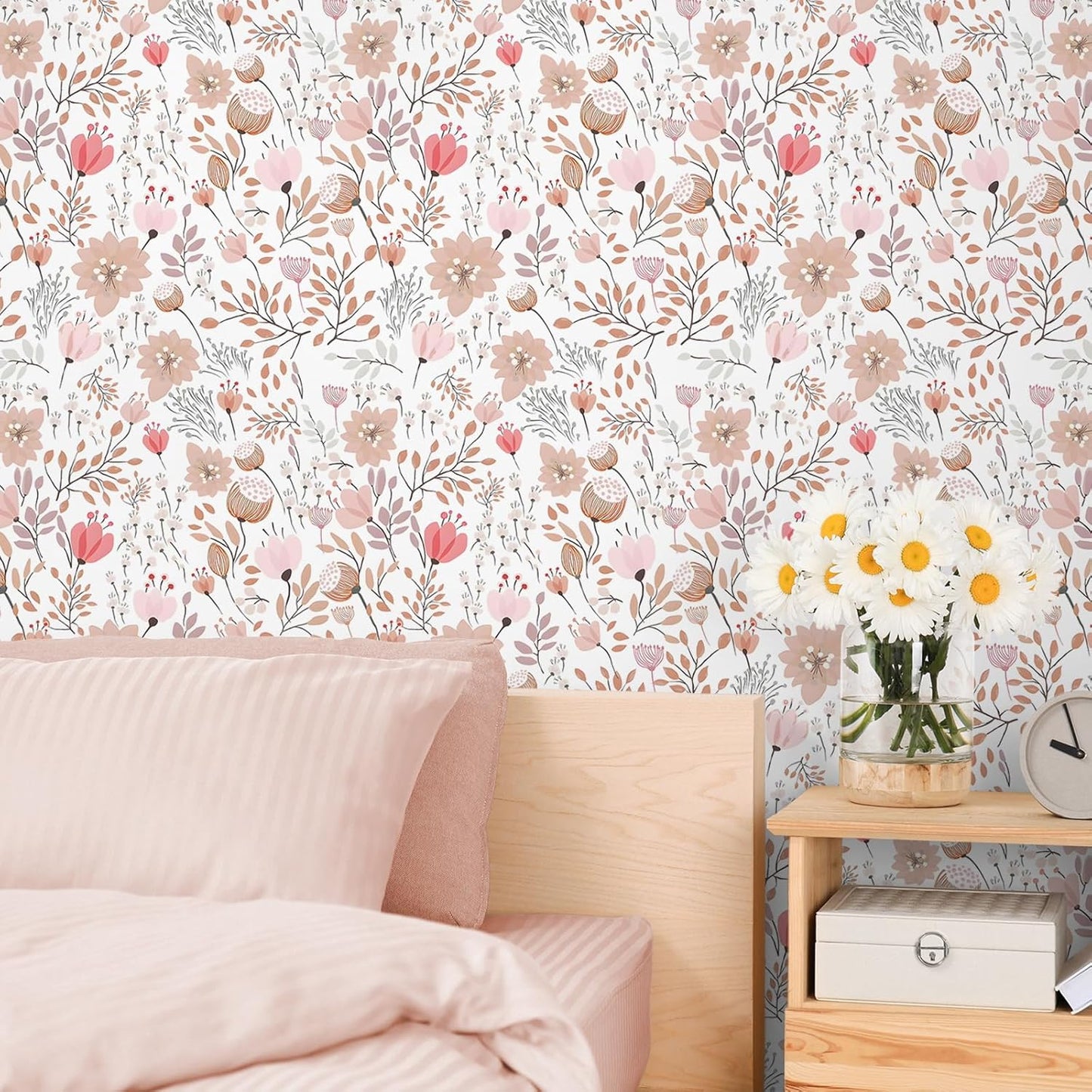 VEELIKE Soft Pastel Pink Floral Wallpaper Stick and Peel Boho Floral Peel and Stick Wallpaper for Bathroom Girls Room Nursery 17.7''x354'' Removable Prepasted Wallpaper Floral Contact Paper for Walls