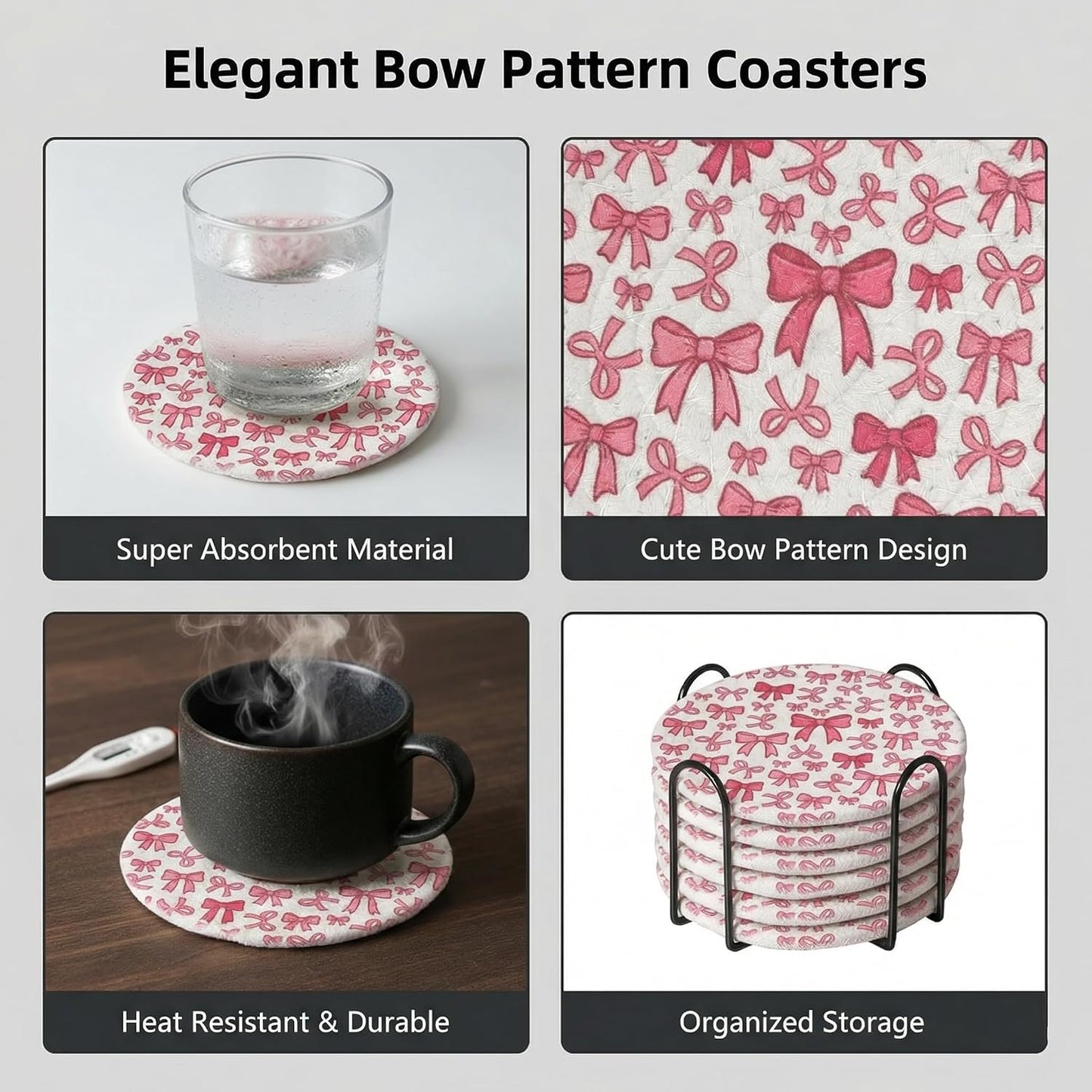 Absorbent Coasters for Drinks, Scratch-Resistant Woven Cotton Coaster Set of 6 with Holder, Pink Bow Coquette Aesthetic Decor for Coffee Table & Office Desk, Cute Kawaii Preppy Room Decor